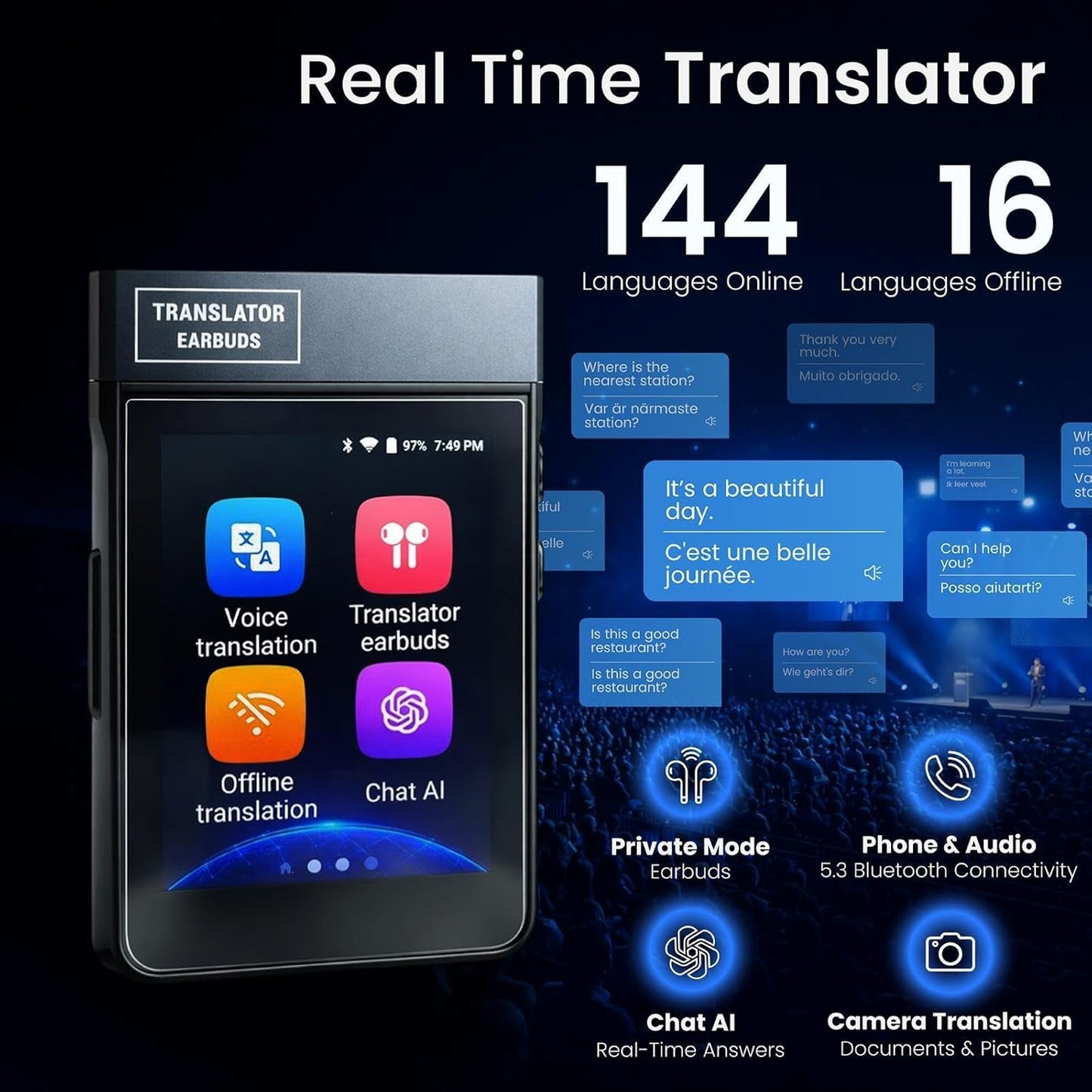 V2 AI Translator Device - Real-Time Two-Way Voice & Camera Translation | 144 Languages | Built-In ChatGPT