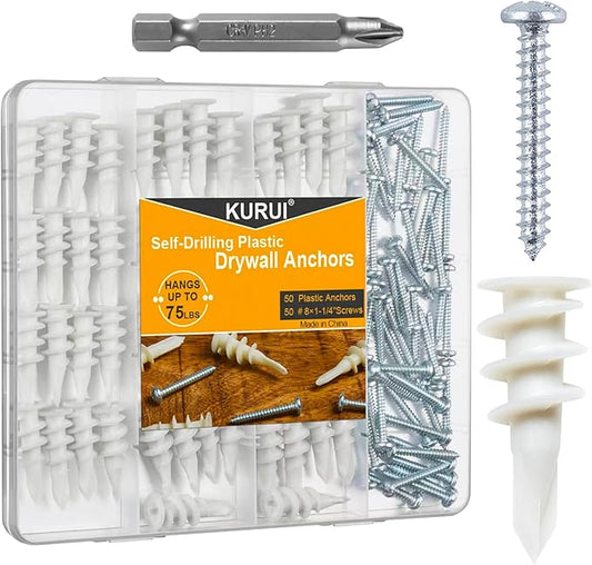 KURUI #8 Self Drilling Drywall Anchors with Screws Kit, Heavy Duty Dry Wall Anchors for Hanging Sheetrock, 50 Self-Tapping Plastic Drywall Hangers 50 Sheet Rock Screws, 100PCs Mounting Hardware -75LB
