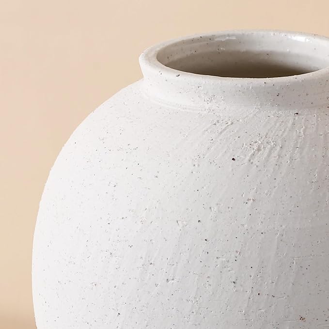 Large White Ceramic Vase, 9.8 inch Rustic Farmhouse Flowers Vase for Home Decor, Sandstone Texture Round Pottery Tall Vase Indoor for Table Living Room Decor