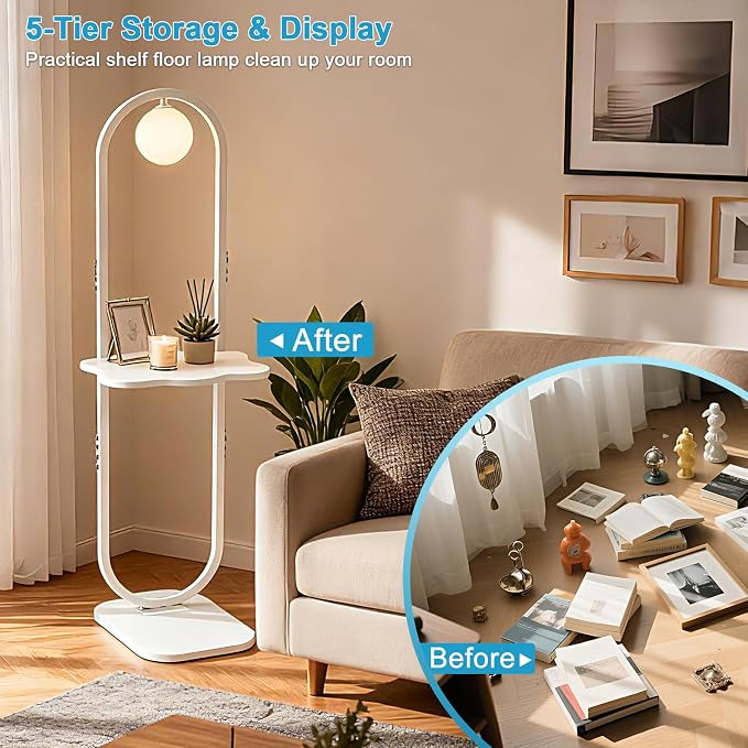 Lightdot 47-Inch Arch Floor Lamp, Modern Standing Lamp with Table, White Metal Frame with Globe Shade, Living Room Bedroom Lighting, G9 LED Bulb Included for Sofa Beside/Corner Decor