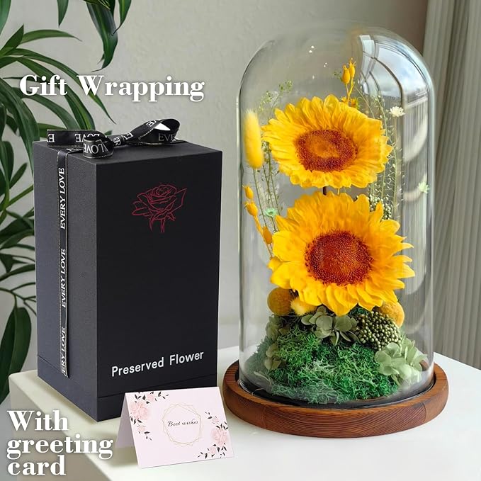 Flowers for Delivery - Forever Flowers Sunflower in Glass Dome with LED Lights, Large Size Preserved Sunflower Gifts for Women, Mom, Wife, Friend -Birthday, Valentine's Day Gift (Sunflower)