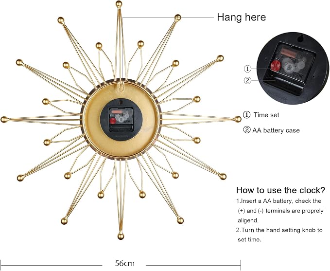 Lafocuse Silent 23 Inch Metal Large Gold Wall Clock for Home Decor, Mid Century Wall Clocks Battery Operated, Art Deco Starburst Wall Clocks for Living Room Kitchen Office