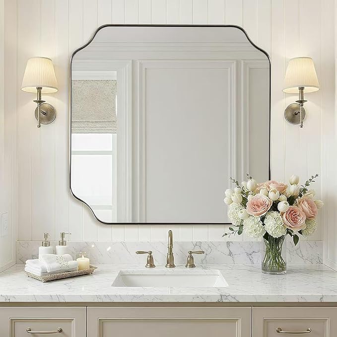 ANDY STAR 30"x30" Brushed Nickel Square Mirror, Silver Bathroom Mirror for Over Sink, Modern Scallop Mirror in Anti-Rust Stainless Steel Frame, Unique Notched Corner Design, Ideal for Home Remodel