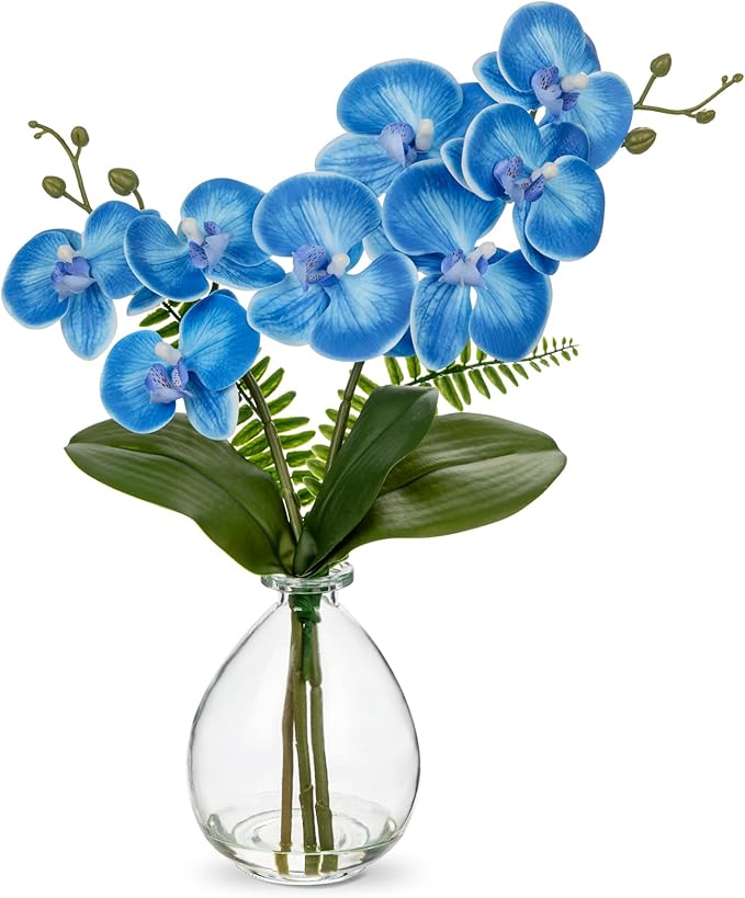 Oairse Blue Orchids Artificial Flowers, Faux Orchid in Glass Vase Real Touch Small Phalaenopsis Orchid Flowers Arrangements with Clear Vase Orchids Centerpiece for Dining Room Table