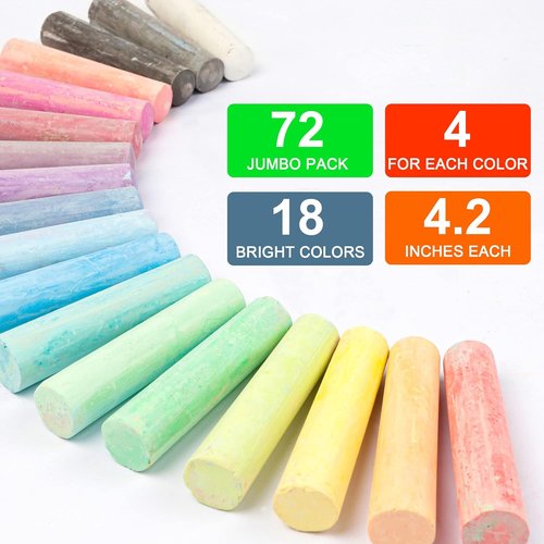 Feela Jumbo Sidewalk Chalk - 72 Pack Non-Toxic Outdoor Chalk Set for Kids | 18 Vibrant Colors