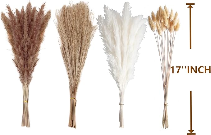 100 PCS Small Boho Pampas Grass, 17" Naturally Dried Pompas, Pampas Grass Decor for Wedding , Boho Party Decorations, Table Decor（Brown and White）