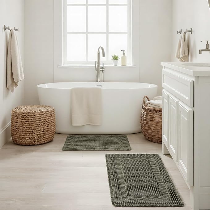 MIULEE Set of 2 Waffle Bathroom Rugs, Boho Bath Rug Super Absorbent, Non Slip Washable Ultra Soft Rubber Backed Shower Bath Mats for Floor, Tub, Shower, Looped Design, Green, 18x30 Inch