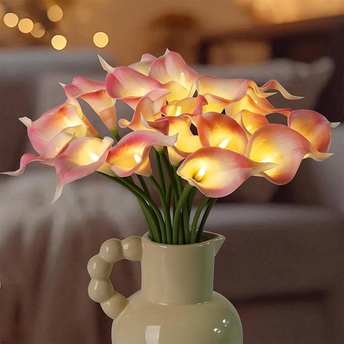 20pcs Lighted Artificial Calla Lily Bouquet Lamp Faux Floarl Night Light Real Touch Flower Night Lamp LED Calla Lily lighted Artificial Flower for Holiday Gifts Home Kitchen Decor(Light Pink)