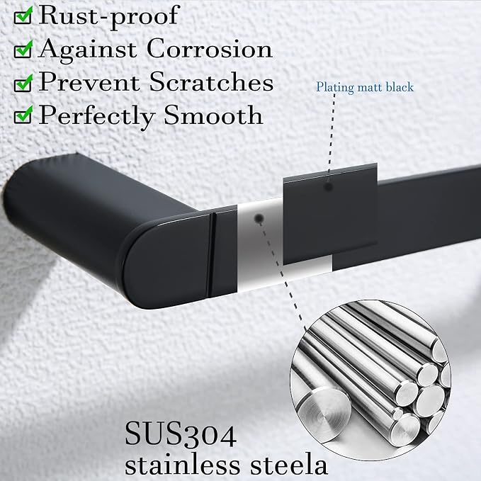 RANDOM 4 Piece Bathroom Hardware Set Matte Black Towel Bar Set Include 18 Inch Towel Bar Toilet Paper Holder and 2 Towel Hooks Stainless Steel Bathroom Decor Wall Mount Bathroom Accessories Kit.