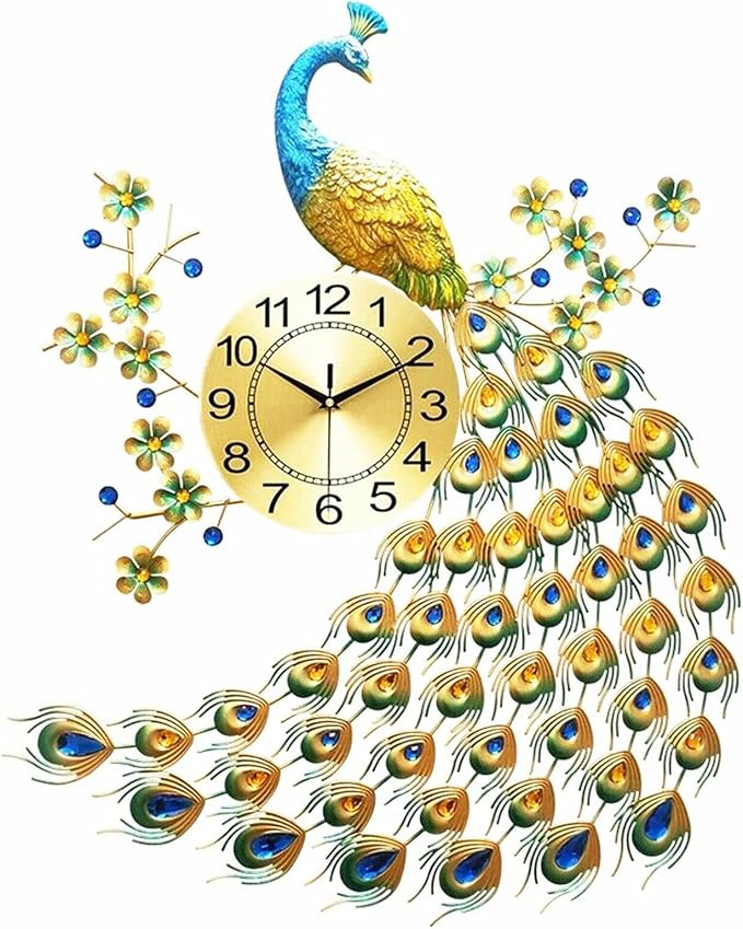 29.5" Large Peacock Wall Clock Crystal Decor, 3D Creative Luxury Wall Clock Silent Non-Ticking Battery Operated Living Room Decor Big Clock
