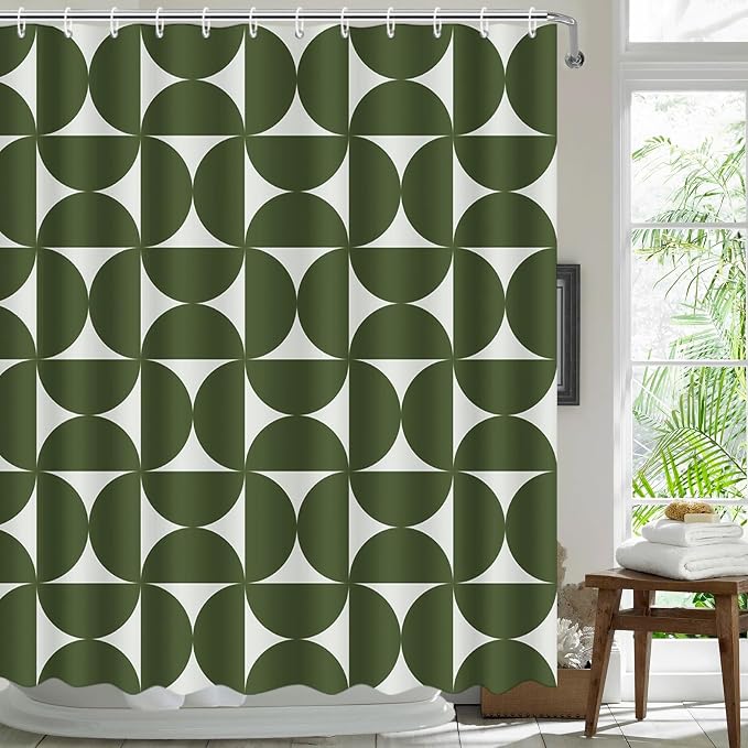 MEHOFOND Vintage Green Shower Curtain Modern Mid Century Abstract Geometric Bathroom Curtain Boho Retro Classic 1950S 60S Bathtub Decor Fabric Waterproof Bath Curtain with 12 Hook 72x72 Inch