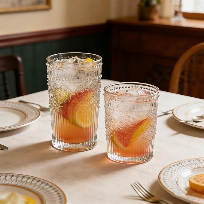 Loivttvv 12pcs Vintage Drinking Glasses Set, 12 oz Highball Glasses & 9 oz Embossed Ribbed Glassware Cups for Cocktail, Water, Juice, Coffee, Whiskey (Clear)