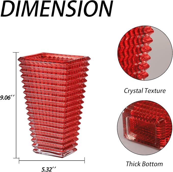 MCMCNCUIU Crystal Vase, Large Crystal Vases for Flowers, Red Large Flower Vase, Modern Glass Vases for Living Room, Bedroom, Kitchen, Dining Table, Mantle, Wedding, 9 Inches