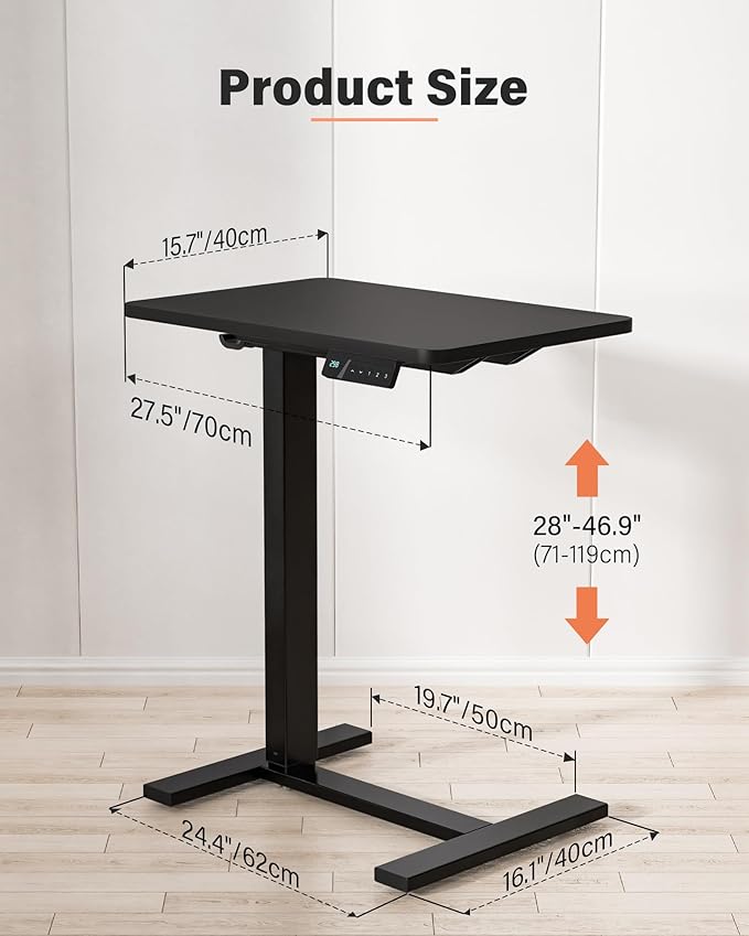 FiCiHi Small Electric Standing Desk - Adjustable Height Bedside Laptop Table with Wheels, Mobile, Portable Rolling Computer Workstation Sit Stand Table for Home Office, Sofa, Couch Use (28x16, Black)
