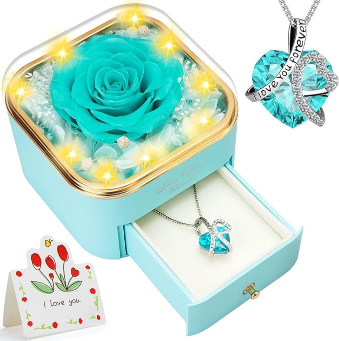 Preserved Light Blue Real Rose with Heart Necklace -Eternal Flowers Rose Birthday Gifts for Women Wife Mom Girlfriend Grandma Gifts Idea on Christmas Valentines Mothers Day for Her