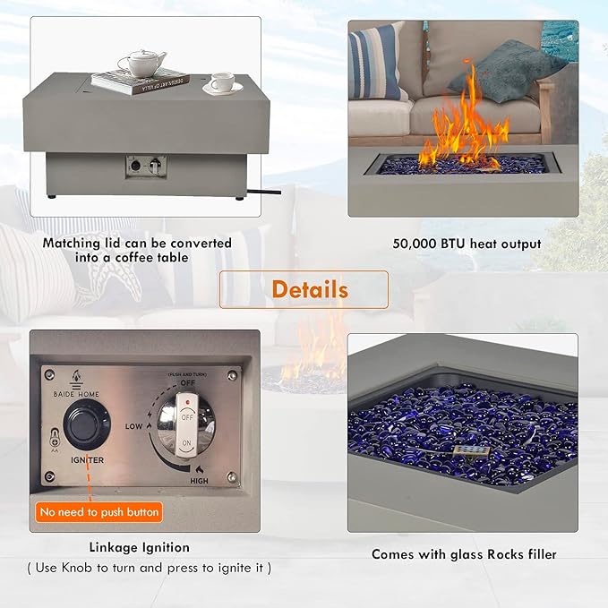 Propane Fire Pit Table with Wind Glass Shield, 32.5-inch 50,000 BTU Outdoor Gas Fire Table for Patio w/Lid, Glass Rocks, Cover, Pre-Attached 10ft Propane Hose