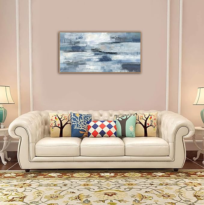 Indigo Framed Wall Art Abstract Ocean Canvas Pictures Blue White Grey Painting Vintage Wall Decor Modern Artwork Prints for Living Room Bedroom Bathroom Office Home Decoration 20"x 40"