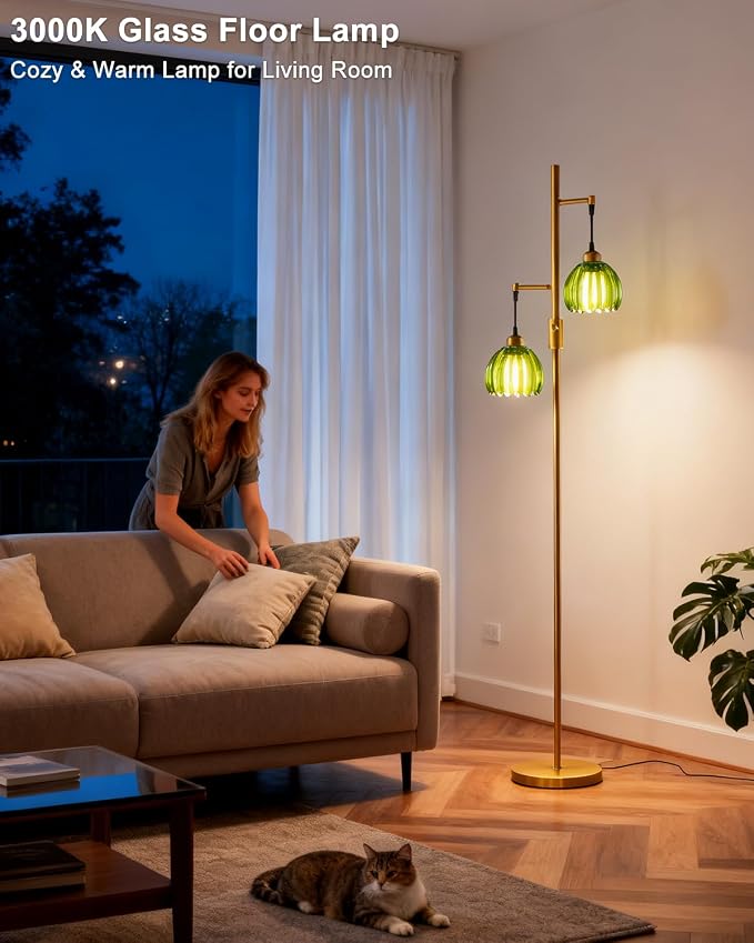 Lightdot 2-Light Glass Floor Lamp for Living Room, Dimmable Gold Floor Lamps with Green Glass Shade& Bulb Included, Modern Standing Tall Lamp with 5Lbs Heavy Base for Bedroom/Sofa Beside/Corner Decor