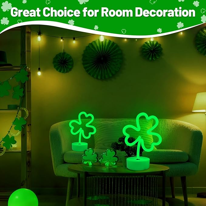 BRIGHTDECK 2 Pack Clover Neon Signs, LED Lights Battery Operated or USB Powered Decoration Lamp, Neon Lights Decor for St. Patrick's Day Gifts, Wedding, Party, Room Decor(Clover)