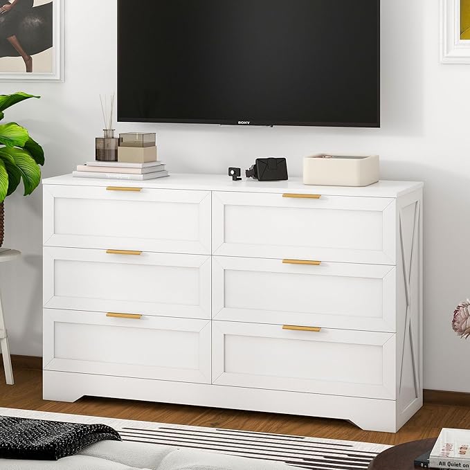 White 6 Drawer Dresser for Bedroom, Modern Dresser Chest of Drawer with Large Drawers & Rose Gold Handles, Wooden Dressers Drawer Storage Unit for Bedroom, Living Room, Closet