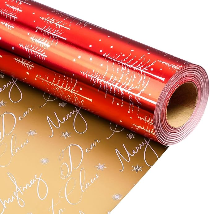MAYPLUSS Christmas Wrapping Paper Roll - 17IN X 33FT - Reversible Christmas Gift Wrapping Paper Featuring Tree Against Red for Kids, Holiday, New Year