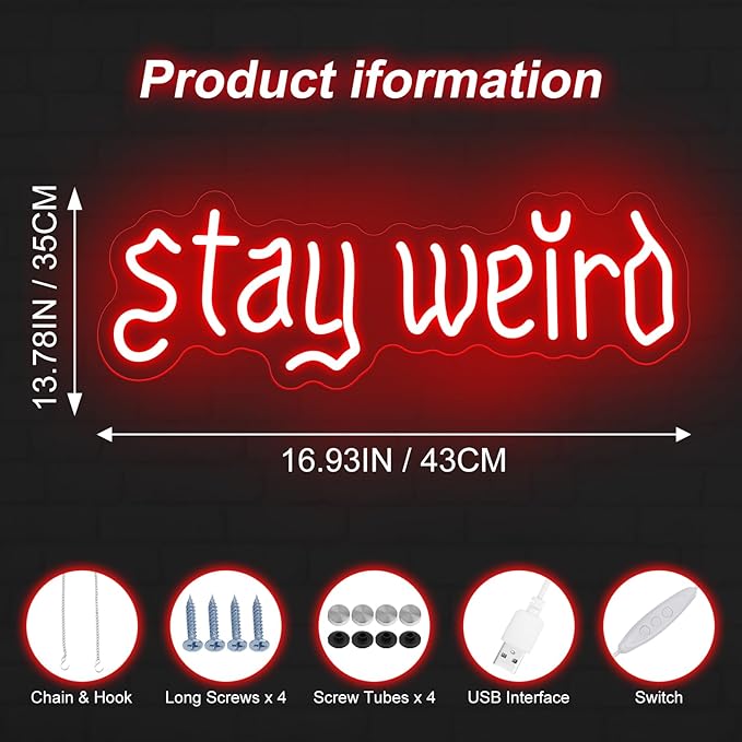 Stay Weird Neon Sign, Gothic Decor, Skeleton Hand Neon Sign, Vintage Font,Dark Art Decor for Bedroom, Living Room, Man Cave, Bar, Game Club, Living Room Birthday Party-Red