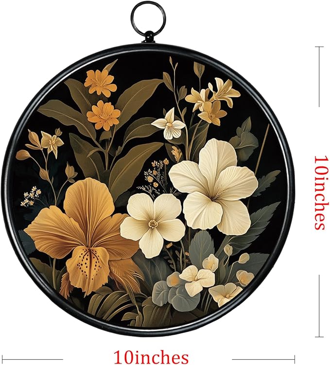 XIAOAIKA Round Vintage Wall Hanging Decor, Printed Textured Surface with Wood Back, Yellow Floral Design, Black Metal Frame, Ready to Hang for Living Room Bedroom, 10 Inch