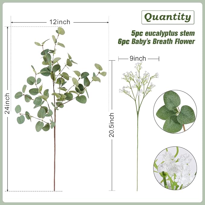 Beferr 5pcs Eucalyptus Stems & 6pcs Babys Breath Artificial Flowers Faux Greenery Bouquets for Wedding Table Centerpiece Home Decor