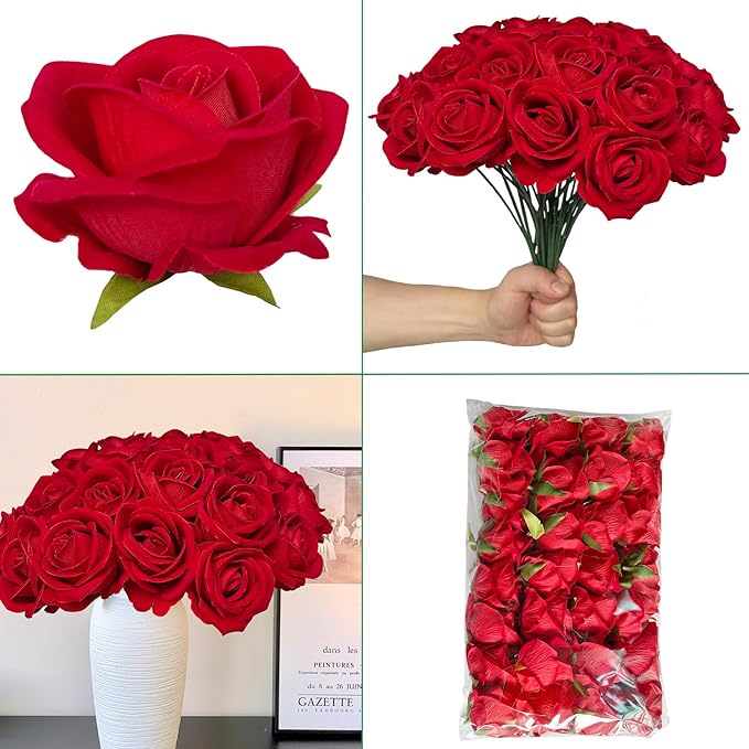 FagusHome 30 Pcs Silk Rose Artificial Flowers Roses Bulk Bouquet Fake Flowers Rose Heads with Stems for Home Wedding Decor (Red)
