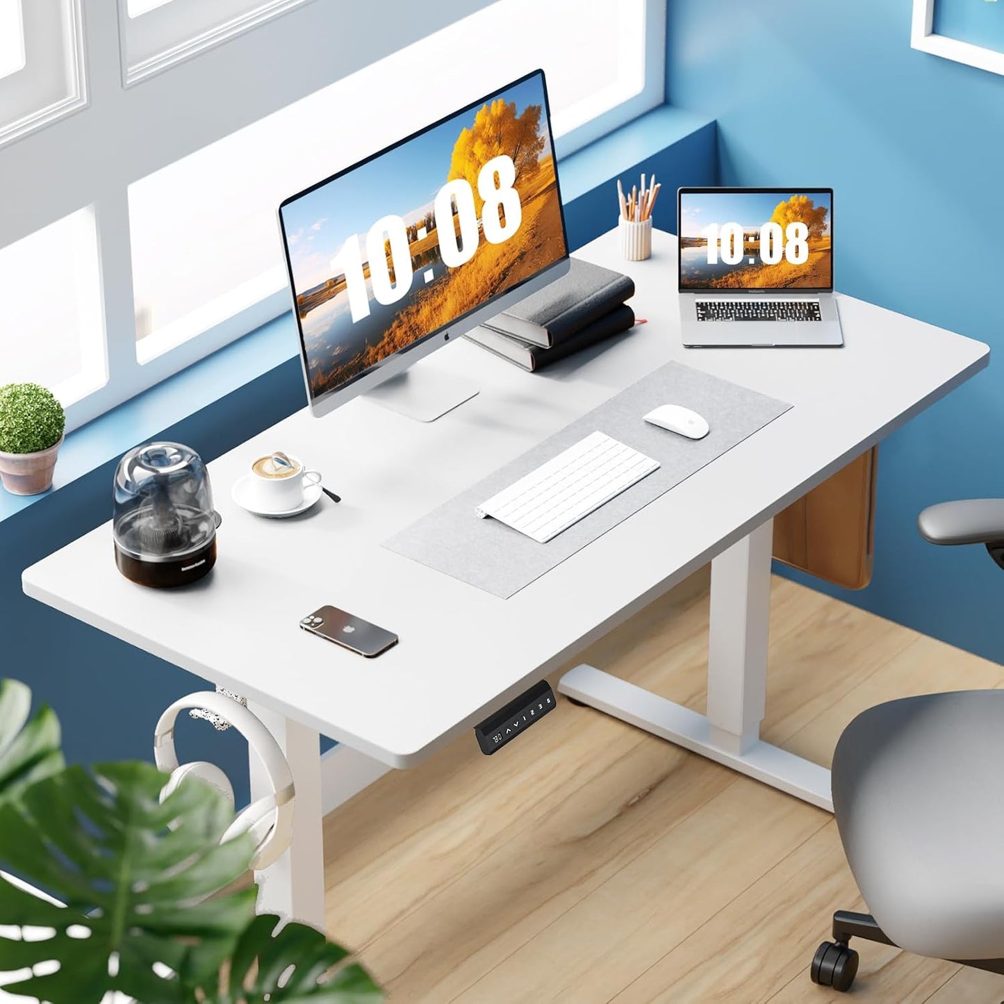 Sweetcrispy Electric Standing Desk - Adjustable Height 55x24 Inch Sit Stand Home Office Workstation | White Metal Frame