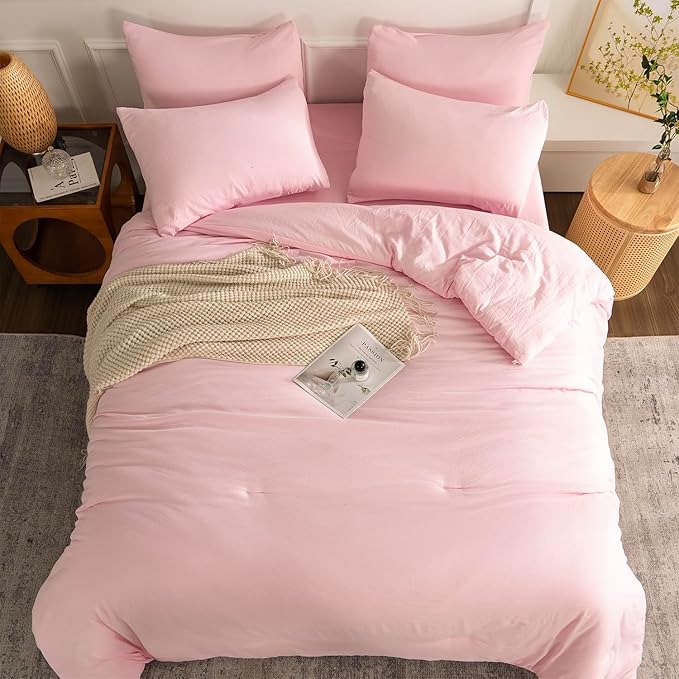 Pink Comforter Set Queen 3 Pieces Soft Bedding Bright Comforter Queen Light Pink Style Lightweight Comforter Set for All Seasons 1 Comforter and 2 Pillowcases