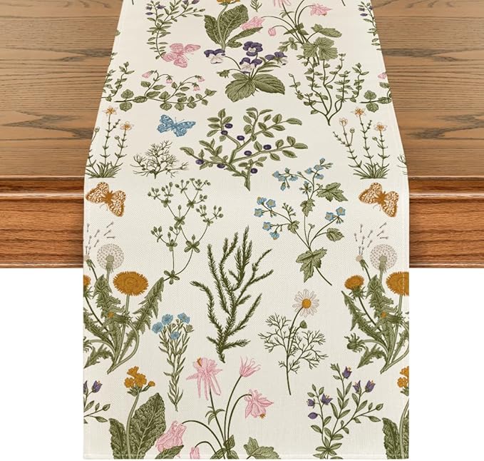 Artoid Mode Wildflowers Floral Spring Table Runner, Butterfly Seasonal Summer Kitchen Dining Table Decoration for Home Party Decor 13x36 Inch