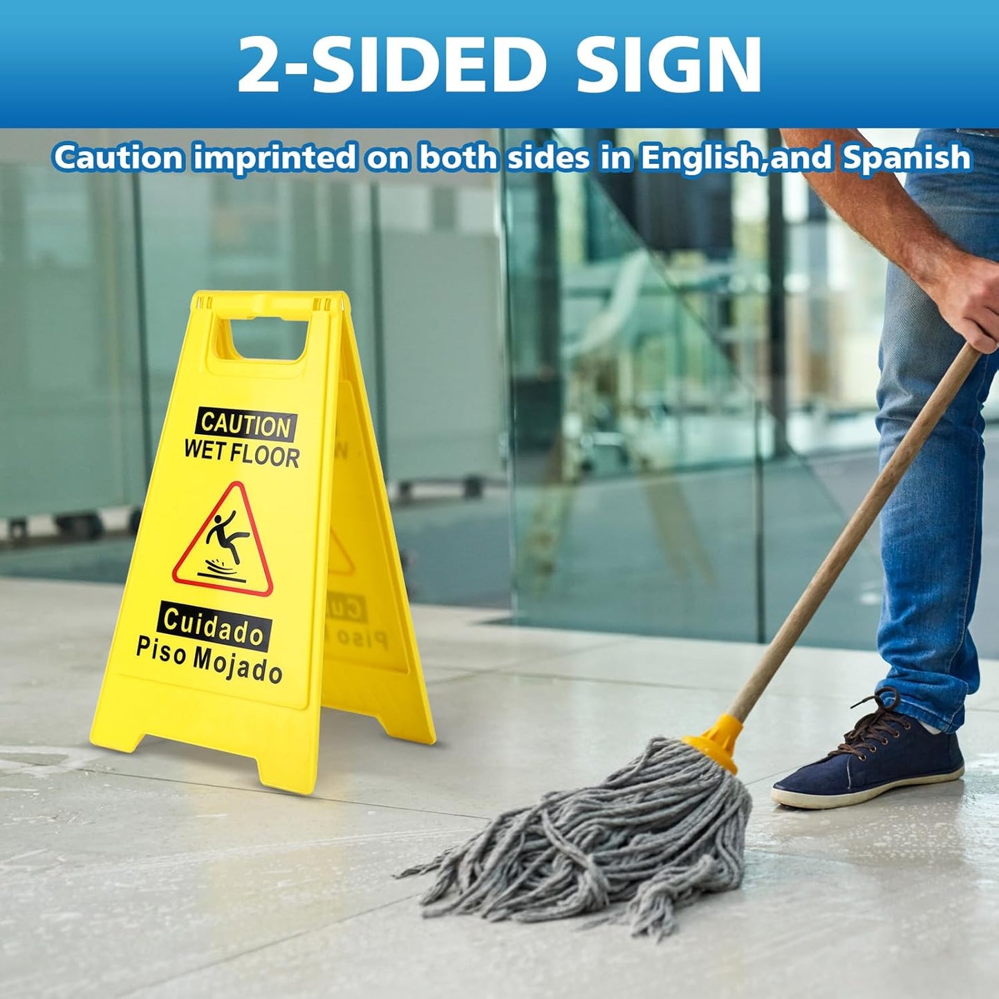 WOUSEDO Caution Wet Floor Sign - Bright Yellow Double-Sided A-Frame | 17.5" Height, Bilingual Message