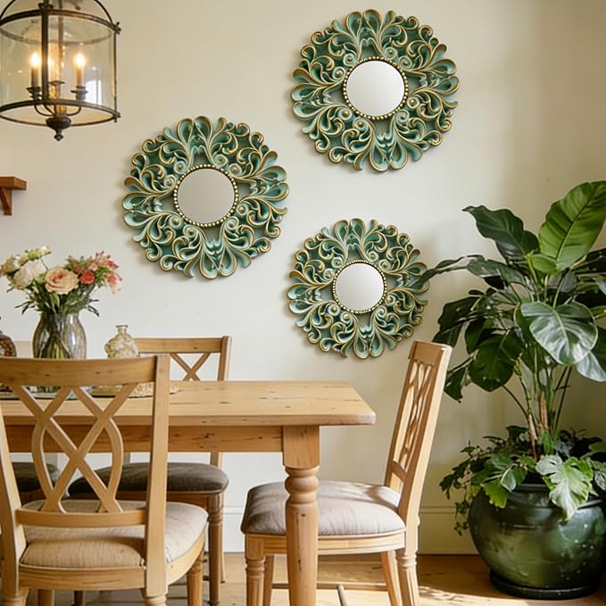 DXYAKY 3 Pack Floral Ornate Decorative Wall Mirror - Elegant Mint Green with Gold Accents, 9.8" Plastic Round Mirror Set, Lightweight Wall Art Décor for Bedroom, Bathroom, Living Room & Entryway