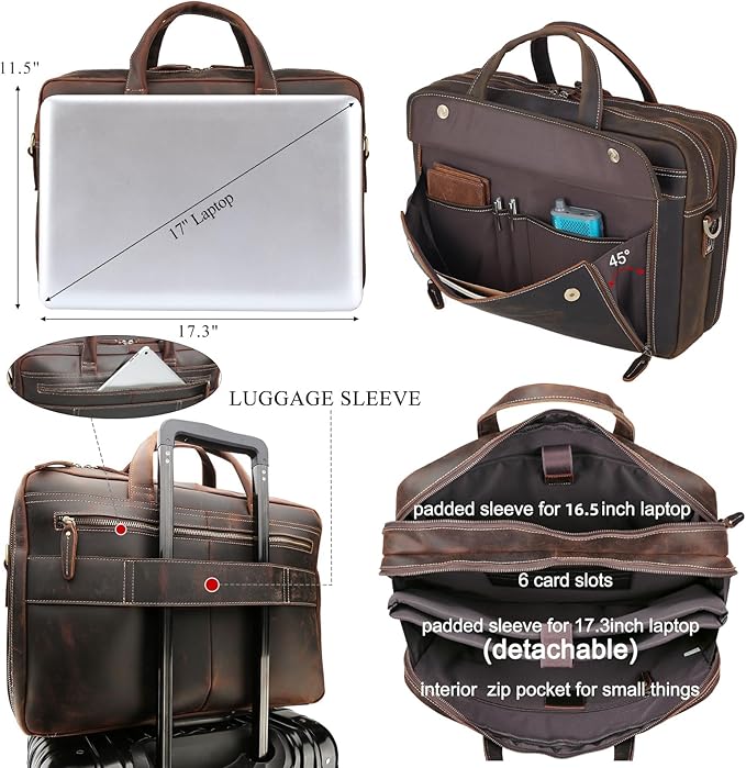 Masa Kawa Leather Briefcase for Men 15.6", 17" Laptop Computer Case Business Travel Work Messenger Cross Body Shoulder Bag