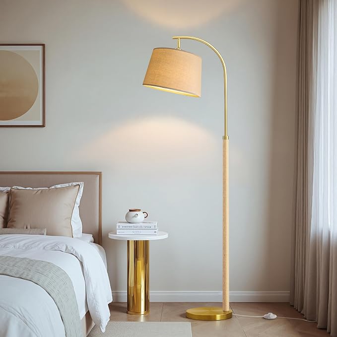 G-SAFAVA 63" Wood Floor Lamps for Living Room with Foot Switch Arc Tall Standing Lamp for Bedroom Mid Century Modern Corner Gold Floor Lamps for Office Nursery Industrial Reading Lamp, Natural Wood