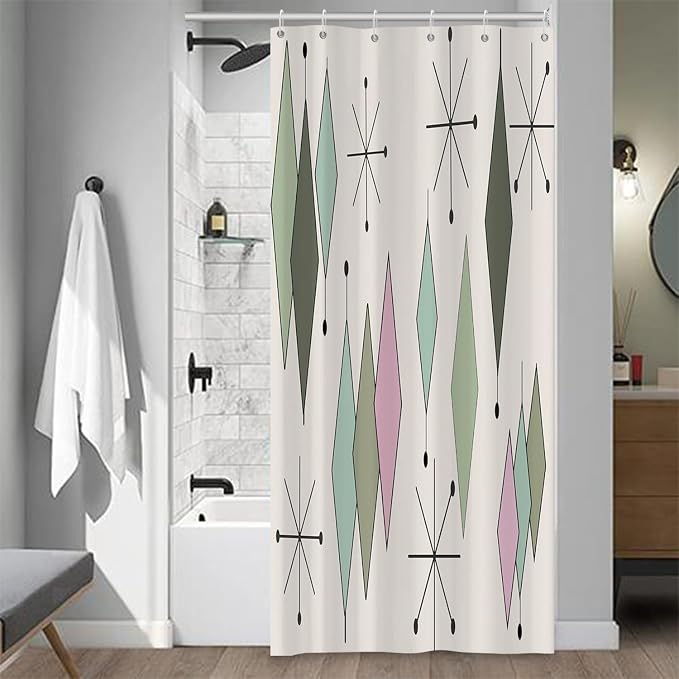 Mid Century Shower Curtain Modern Abstract Green Pink Diamond Geometric Atomic Starburst Pattern for 1950s Retro Bathroom Decor Accessories Shower Curtain Set with 12 Hooks, 36x72 Inches