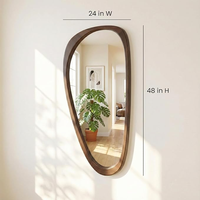 Solid Wood 48"x24" Large Full Length Irregular Mirror, Aesthetic Mid-Century Modern Statement Wall-Mounted Mirror, Modern Organic Asymmetrical Wooden Mirror, Dark Walnut