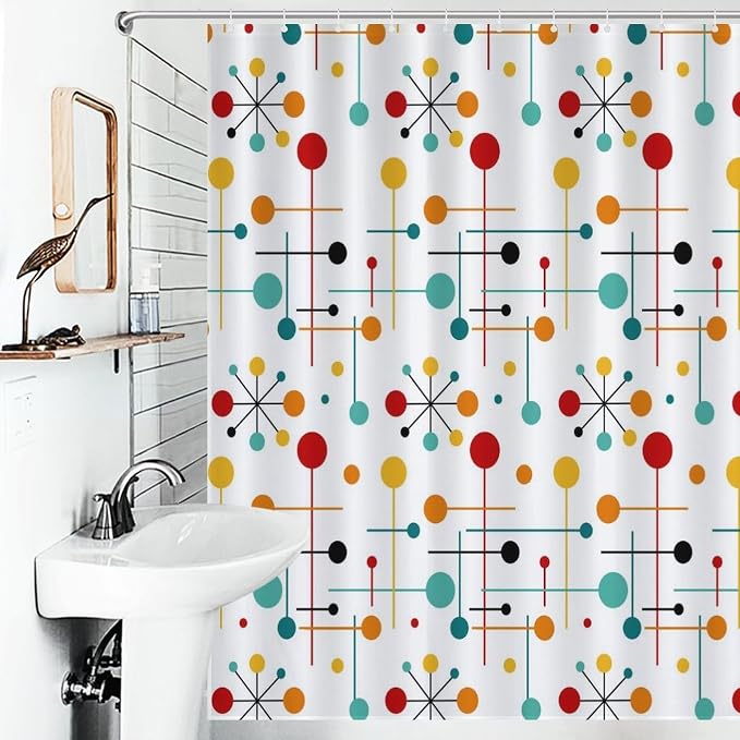 Mid Century Modern Shower Curtain,Abstract Atomic Starburst Geometric Diamond Pattern Shower Curtains Set for Bathroom Fabric Decorative Bath Curtain Washable Curtain Hooks, 72x72 inch