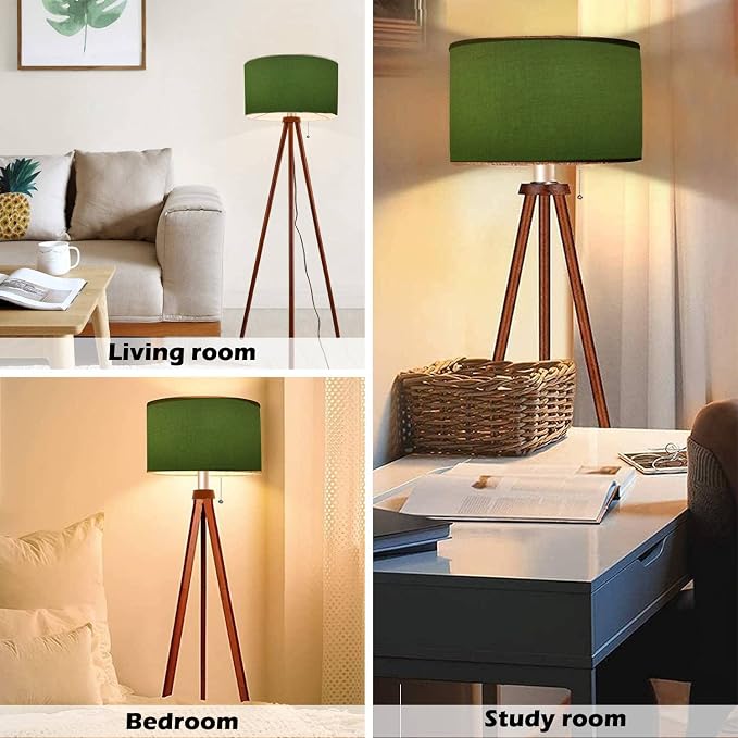Wood Tripod Floor Lamp Olive Green Frosted Glass Modern Standing Lamp Linen Lampshade Dimmable Tall Lamp Mid Century Floor Lamp for Living Room Bedroom