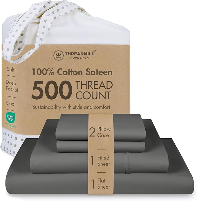 Threadmill 100% Cotton Deep Pocket/Soft/Fade Resistance, 500 Thread Count, Solid 4-Piece Bed Sheet Set (1 Flat, 1 Fitted Sheet, 2 Pillow Covers), Full, Dark Gray