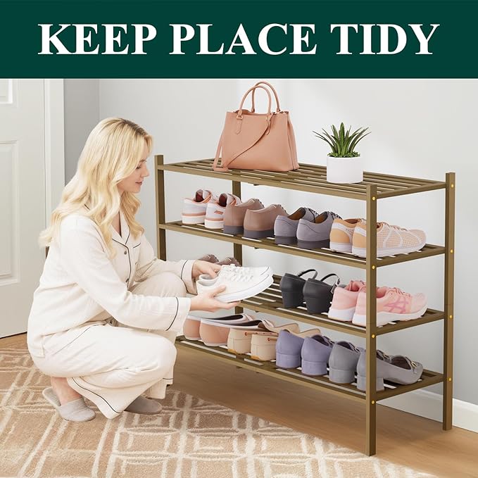 Smiry Long Bamboo Shoe Rack 4-Tier, Stackable Wooden Shoe Organizer for Entryway & Closet, Free Standing Wood Shoe Storage Shelf for Front Door & Small Spaces, Walnut