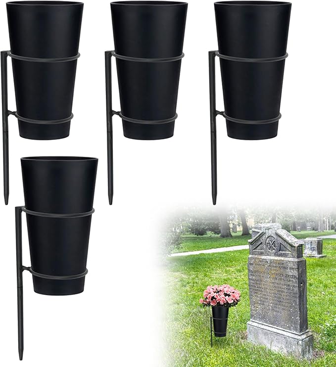 Metal Grave Vase Flower Holder with Spikes Metal Cemetery Vase Flower Holder in ground Decoration with Floral Foam Black for Memorial Markers, Graveside Decor Sign for Outdoor Yard Lawn