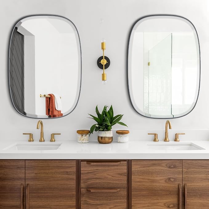 POZINO Beveled Bathroom Mirror, 24"x32" Matte Black Vanity Mirror for Over Sink, Modern Rectangle Wall Mirrors for Entryway Hallway Bedroom Living Room, Hangs Vertically or Horizontally
