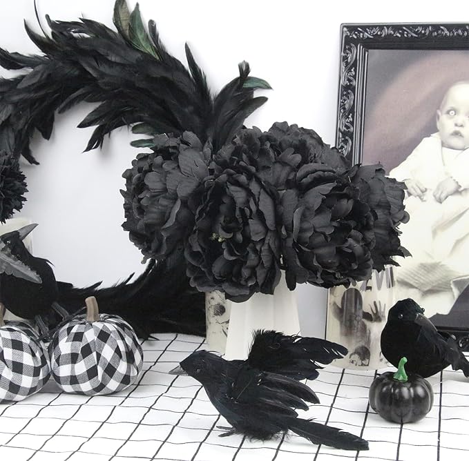 Tinsow Artificial Peony Flowers Black Silk Flowers Peony Bouqeut for Halloween Home Deorations Gothic Wedding (Black, 10)