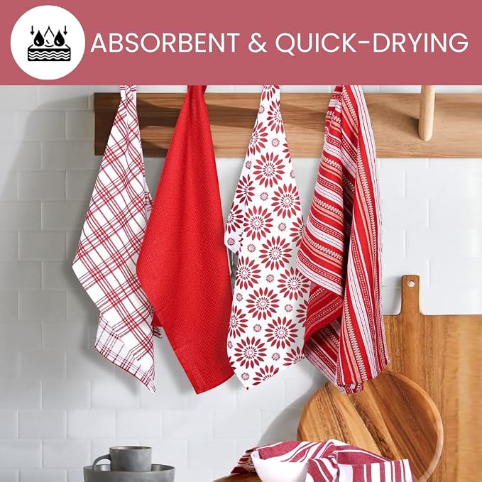 Assorted Kitchen Towels Large 16x26 inches 100% Cotton Set of 5 - Soft Absorbent Washable Tea Towel for Kitchen - Dish Cloths with Hanging Loop - Quick Drying Dish Towels Red