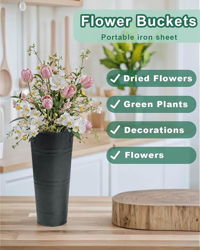 9 Inch Galvanized Metal Vases for Flowers - 2 Pcs Farmhouse Decorative Tall Flower Bucket with Handles, Rustic French Tin Planter Buckets for Wedding Decor (Galvanized Black)
