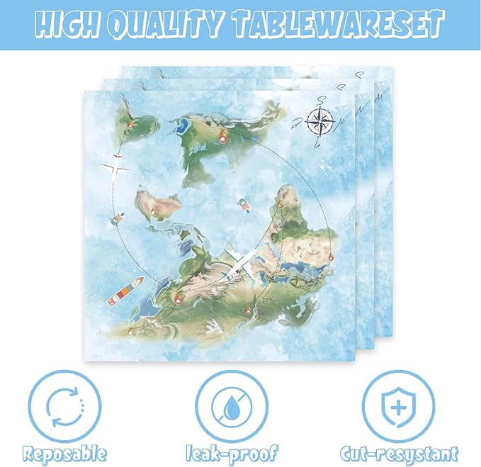 48pcs Adventure World Awaits Map Party Decoration Set,16 Dessert plate,16 Napkin And 16 Fork,16 persons Disposable tableware,Used The Adventure Begin Birthday Party Supplies
