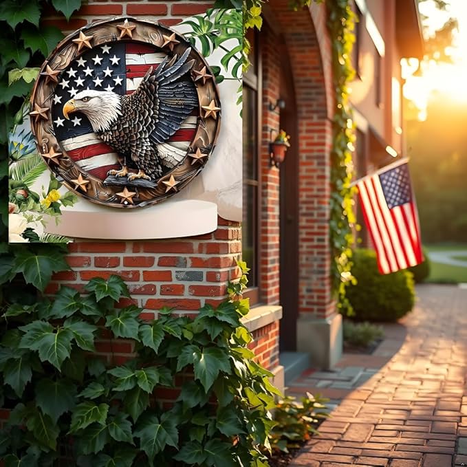 Eagle Wings Patriotic Aluminum Metal Wall Art - Weatherproof Round American Flag with Bald Eagle Decor, Pre-Drilled HD Print Sign for Home, Garage, Bar, Cafe7.98x7.98Inch Diameter