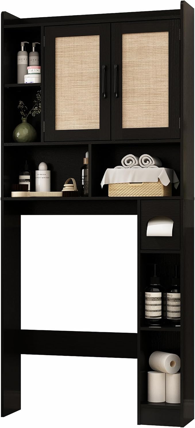 RUSTOWN Rattan Over The Toilet Storage Cabinet, Boho Over Toilet Bathroom Organizer with 2 Doors & Adjustable Shelves, Modern Above Toilet Rack with Toilet Paper Holder for Bathroom, Laundry(Black)